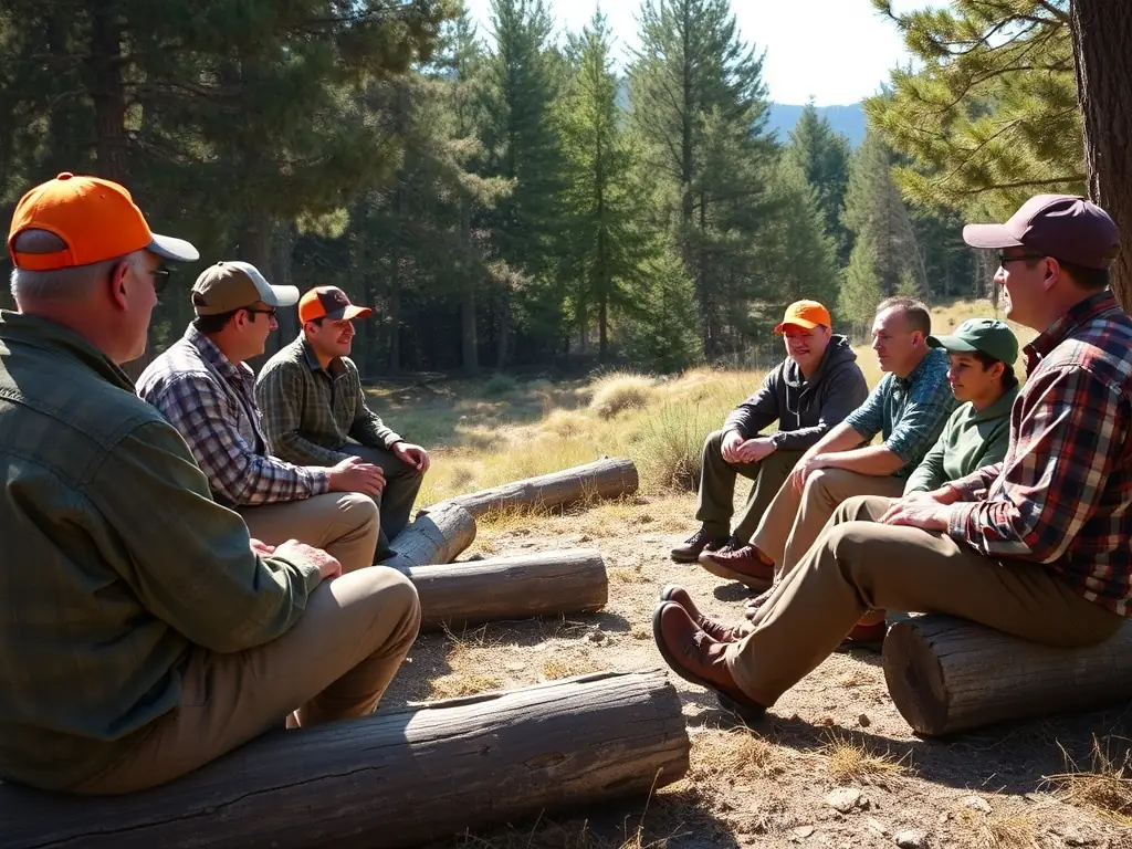 A group of hunters attending an educational workshop on responsible hunting practices and wildlife management techniques.