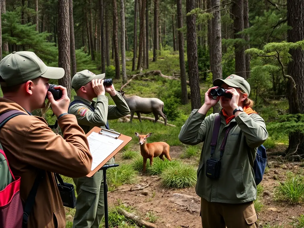 ACCA members conducting a wildlife survey, using binoculars and data collection sheets to monitor local animal populations and assess their health.