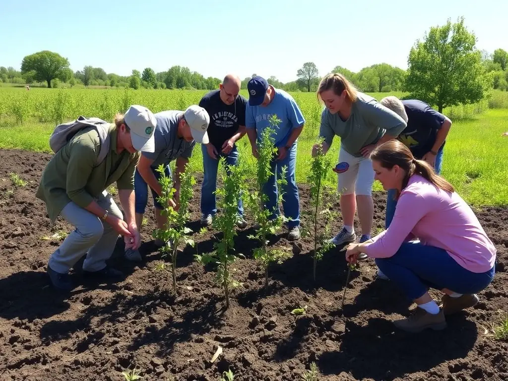 A photograph of community members participating in a habitat restoration project, planting trees and clearing invasive species.