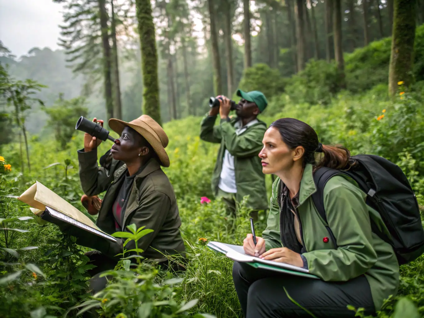 An image of conservationists monitoring wildlife in a natural habitat, with lush greenery and diverse species, representing the organization's commitment to ecological stewardship.