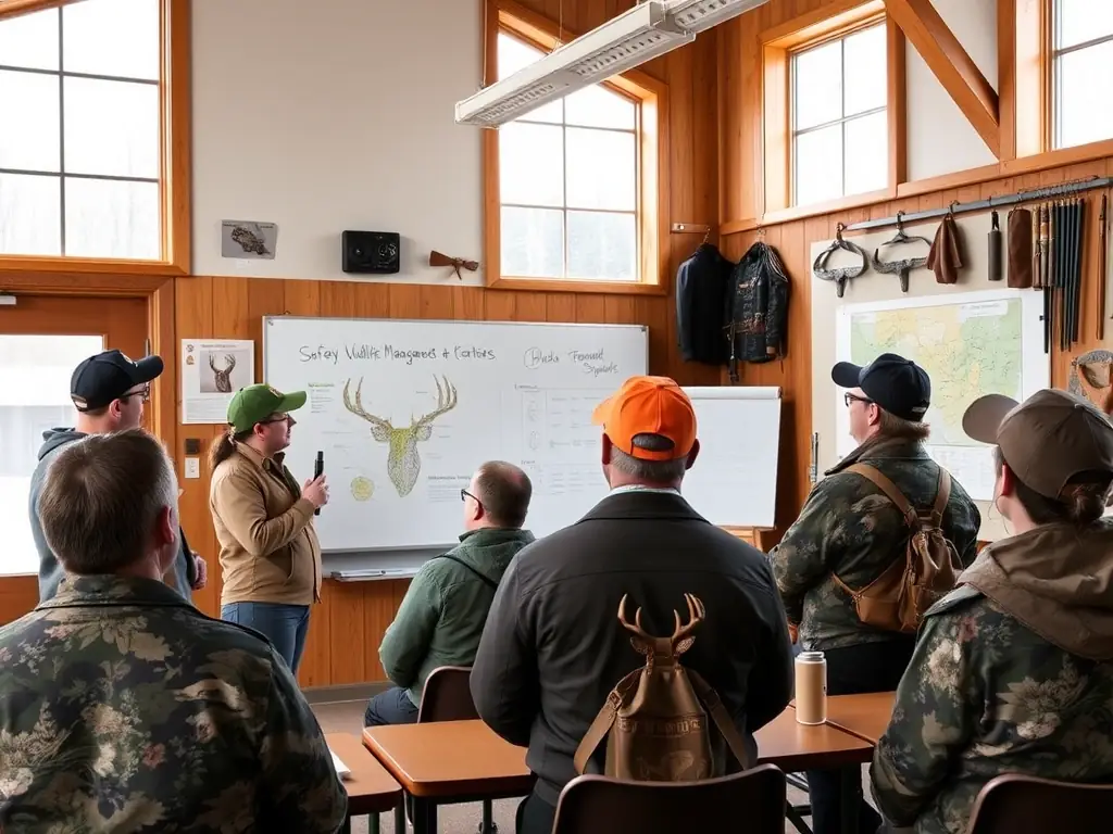 A classroom setting where ACCA members are learning about ecological stewardship, with a focus on responsible hunting practices and wildlife conservation.