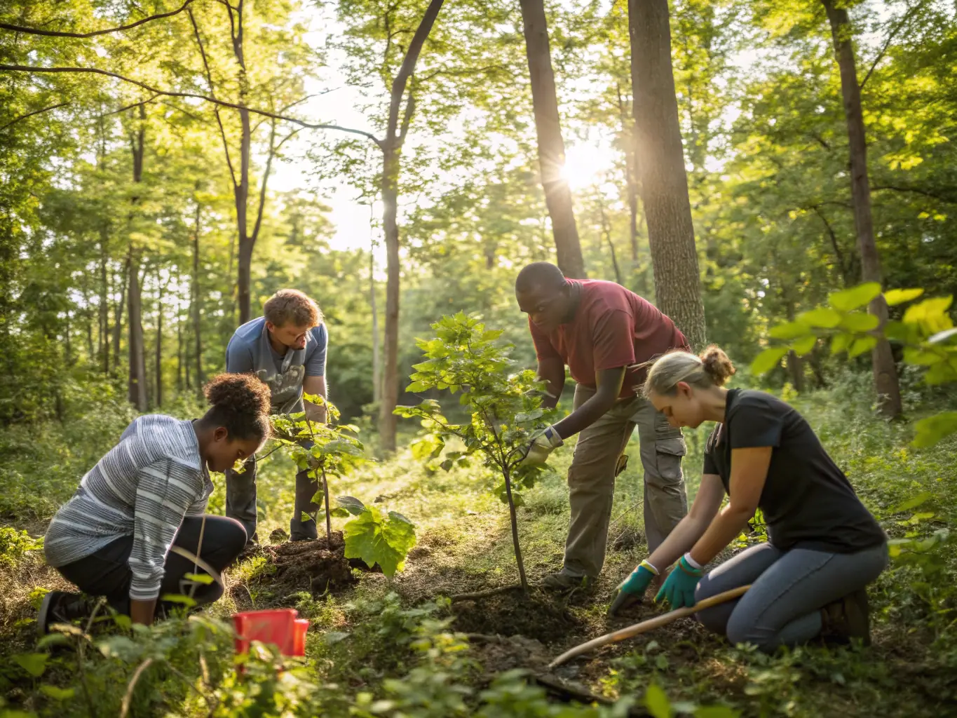 A group of ACCA members participating in a habitat restoration project, planting native trees and shrubs to enhance biodiversity in a local forest area.